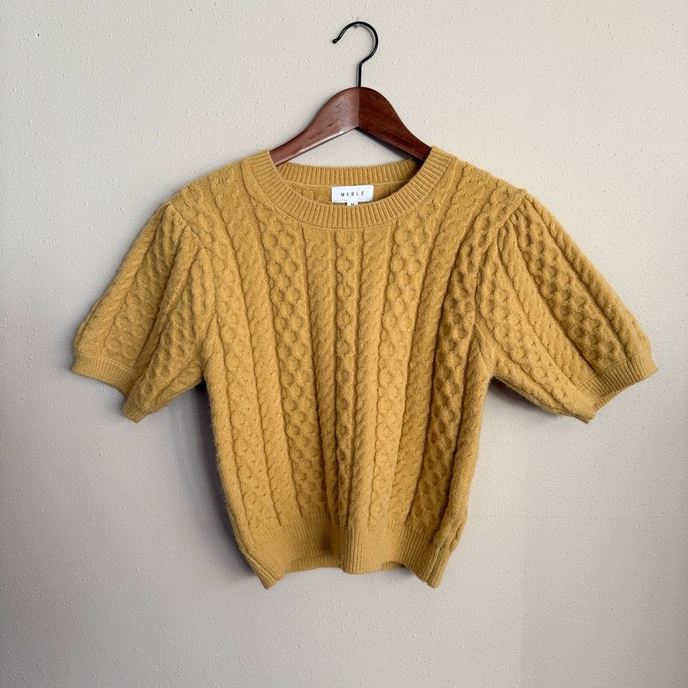 Mable Mustard Cable Knit Sweater Short Sleeve Cozy Cottagecore Medium - Picture 5 of 14